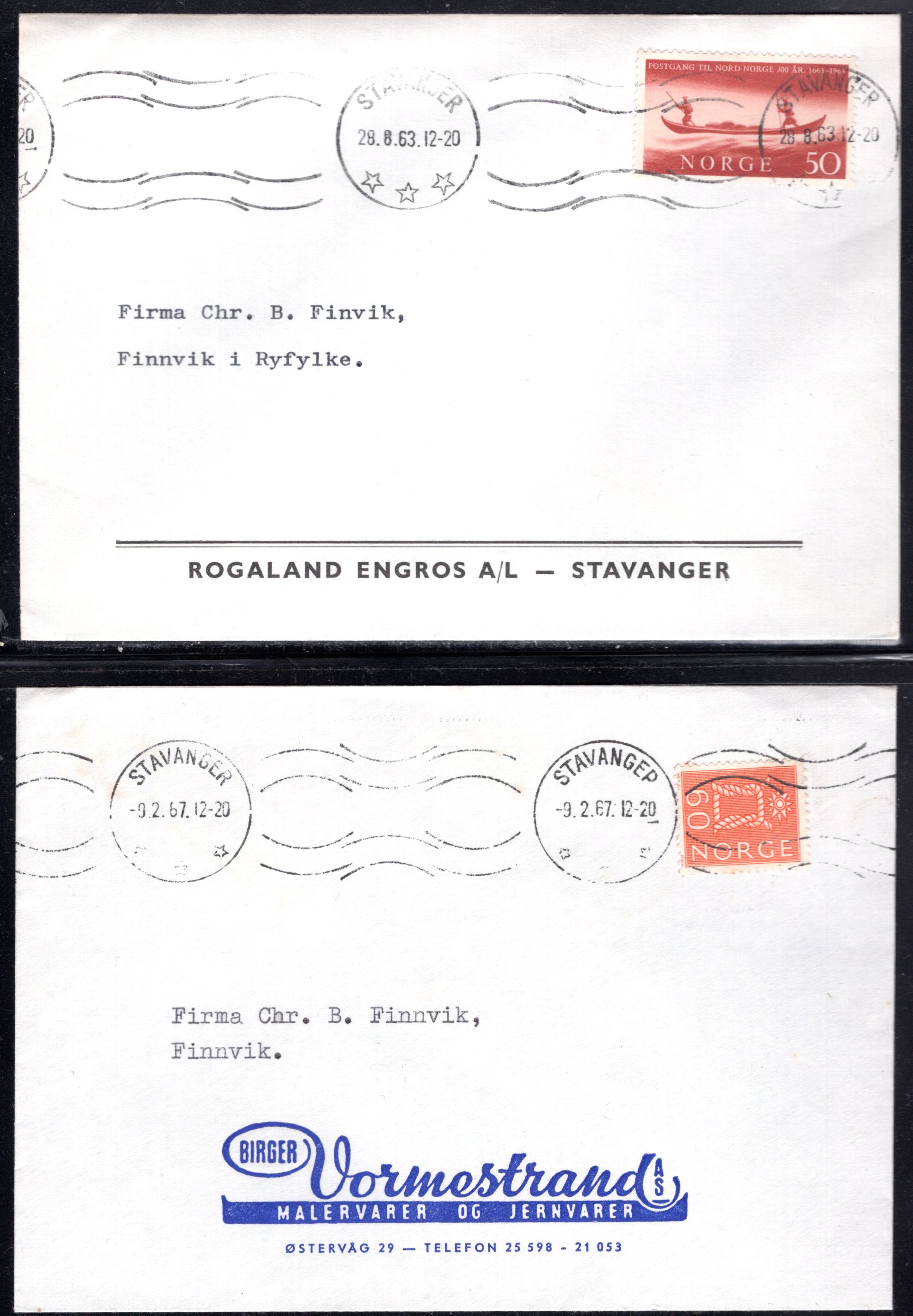 2 stk firmabrev stemplet Stavanger 1963 0g 1967 se scan