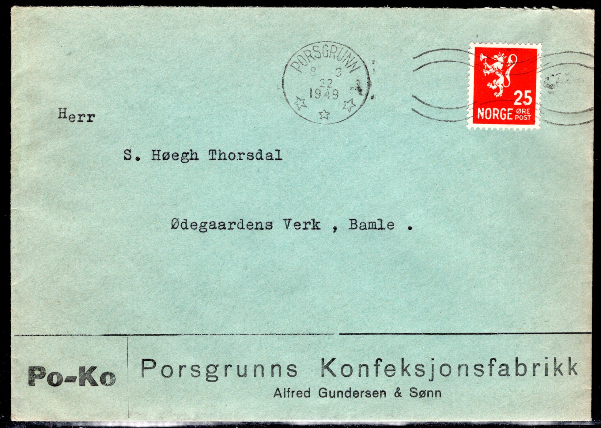 Firmabrev stemplet Porsgrunn 1949 se scan