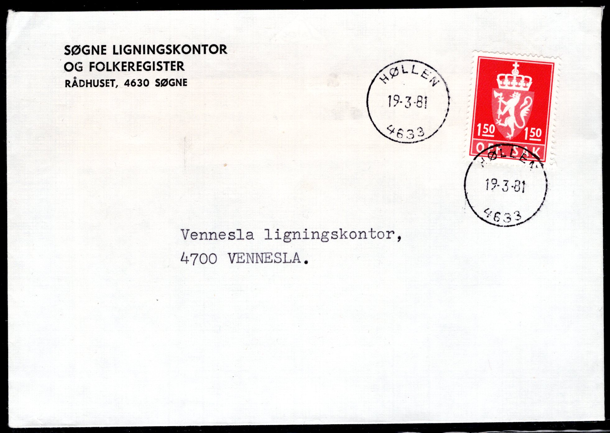 Tjenestebrev stemplet Høllen 1981 se scan