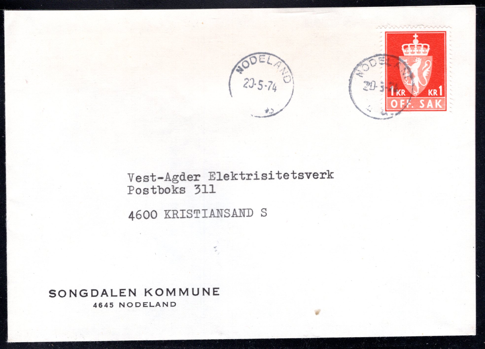 Tjenestebrev stemplet Nodeland 1974 se scan