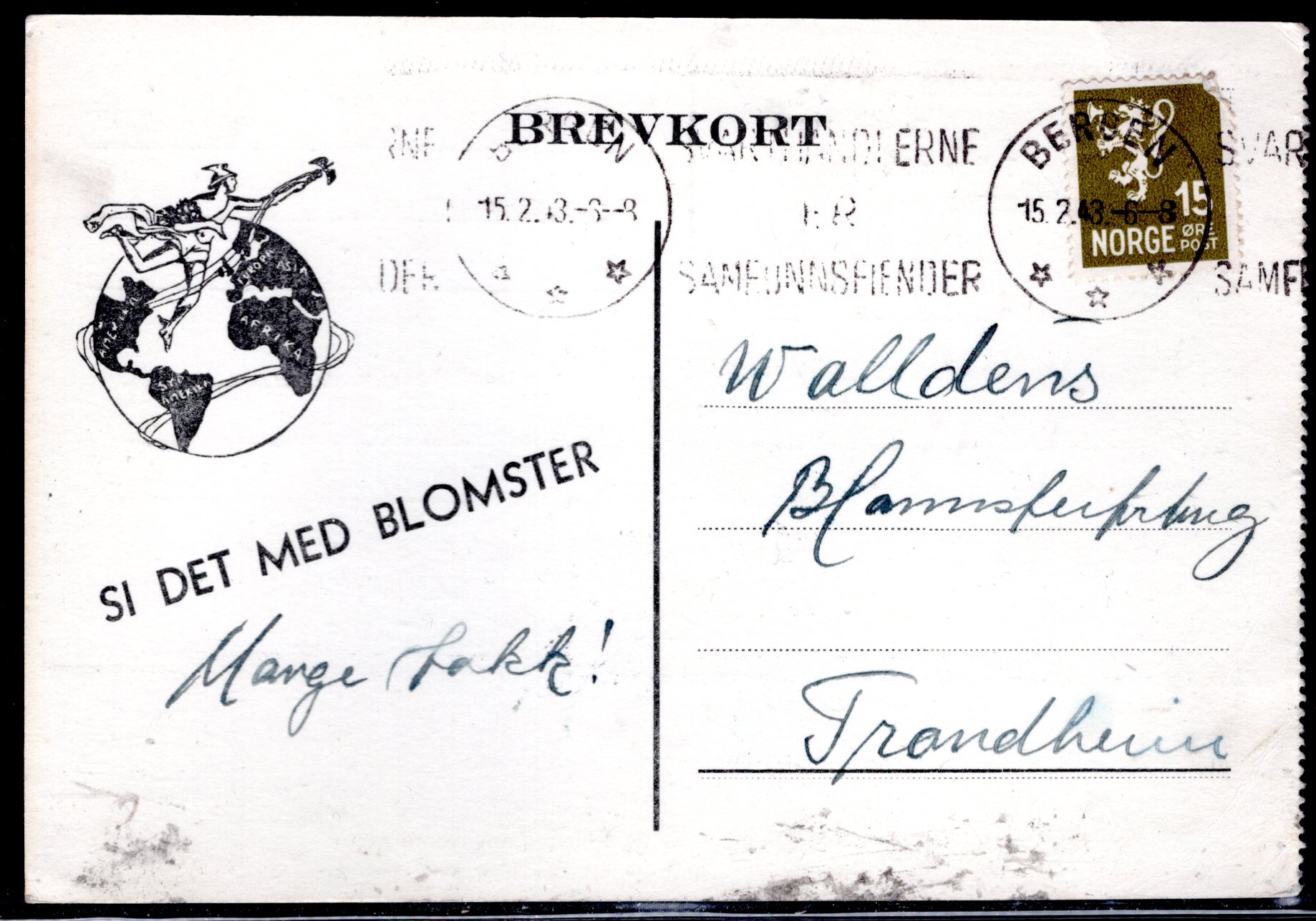 brevkort tekstst Bergen Svarthandlere er sammfunnsfiender 1943 se scan