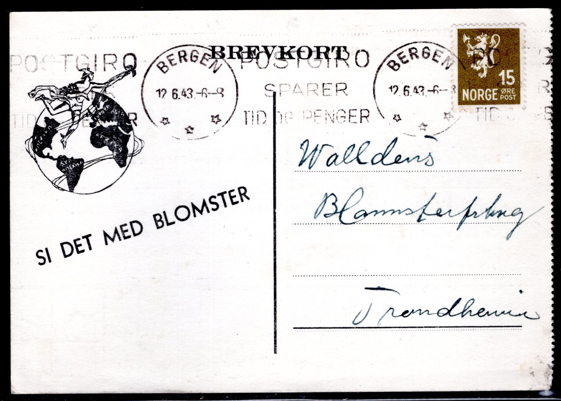 brevkort tekstst Bergen Postgiro sparer tid og penger 1942 se scan