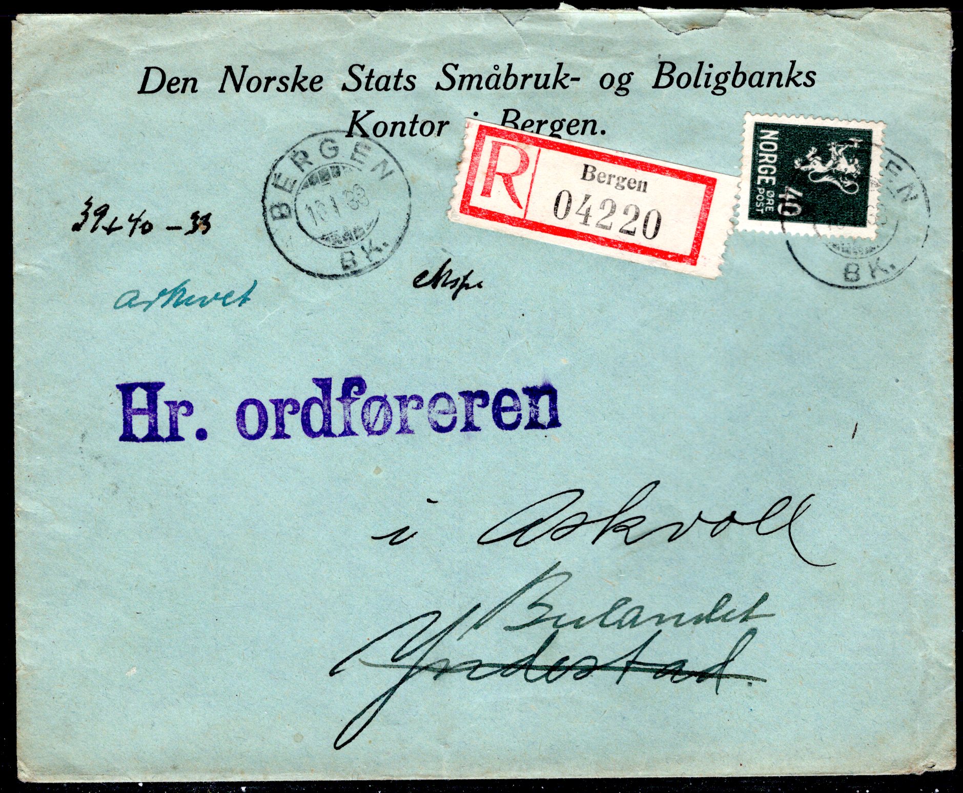 Rekbrev stemplet Bergen 1938 se scan