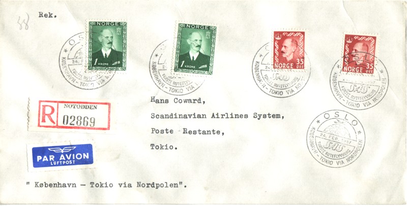 350*2, 432*2. 2 stk 35 øre og 1 kr Haakon på rek. FFC København-Tokyo 24. FEB. 1957