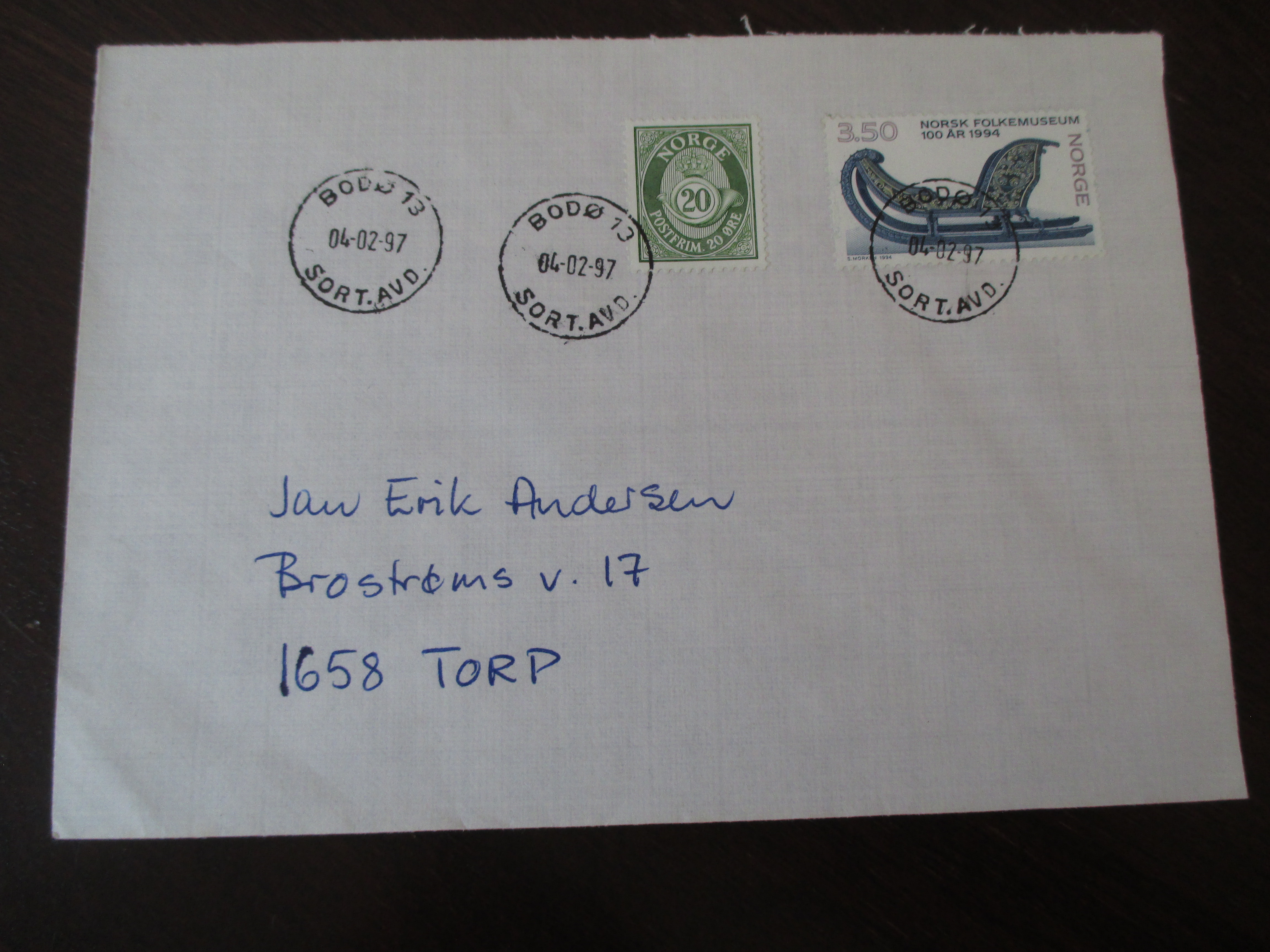 Brev st. Bodø 13 Sort. Avd. 04.02.1997.