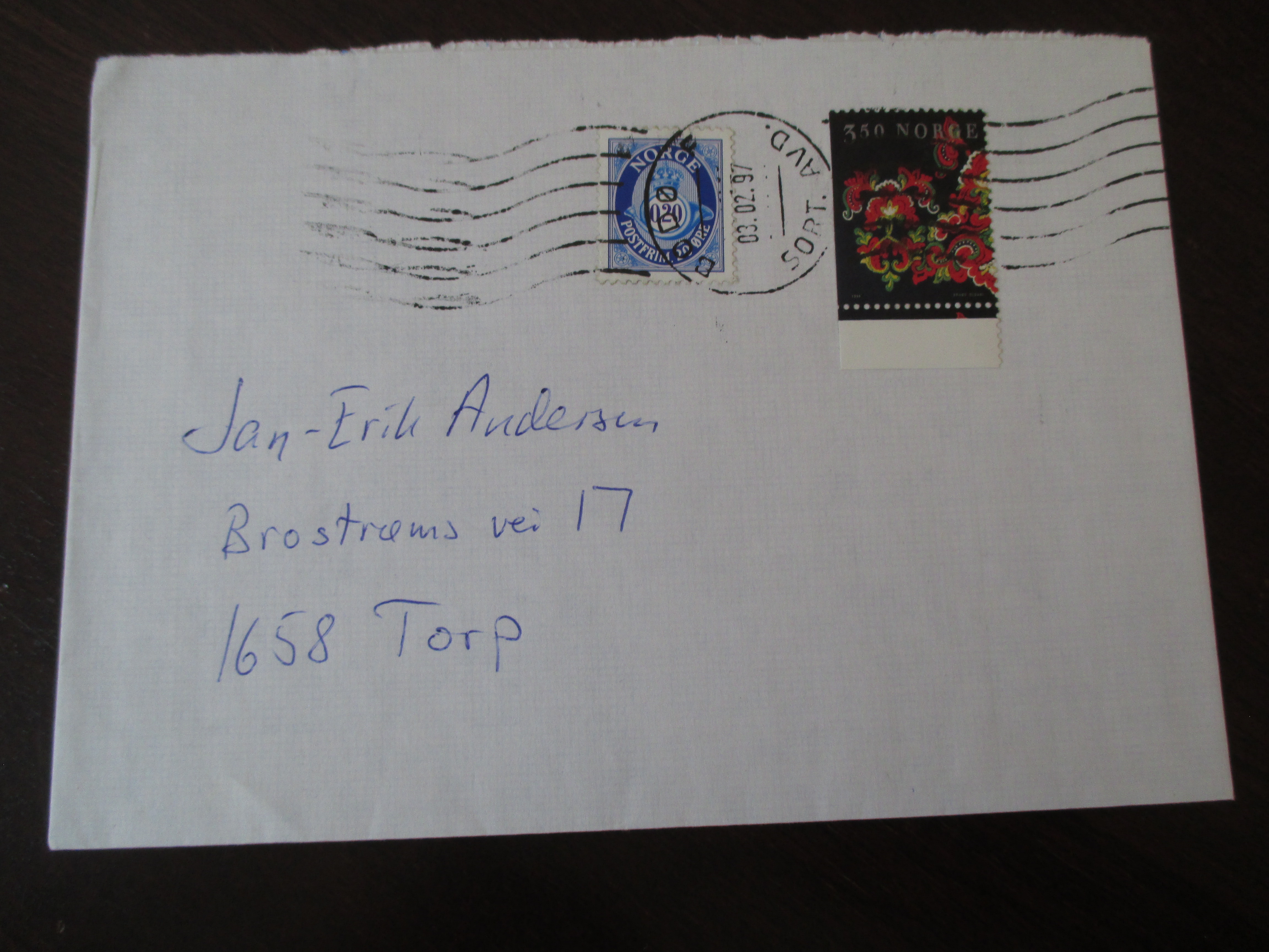 Brev st. Bodø F Sort. Avd. 03.02.1997. Rullestempel.