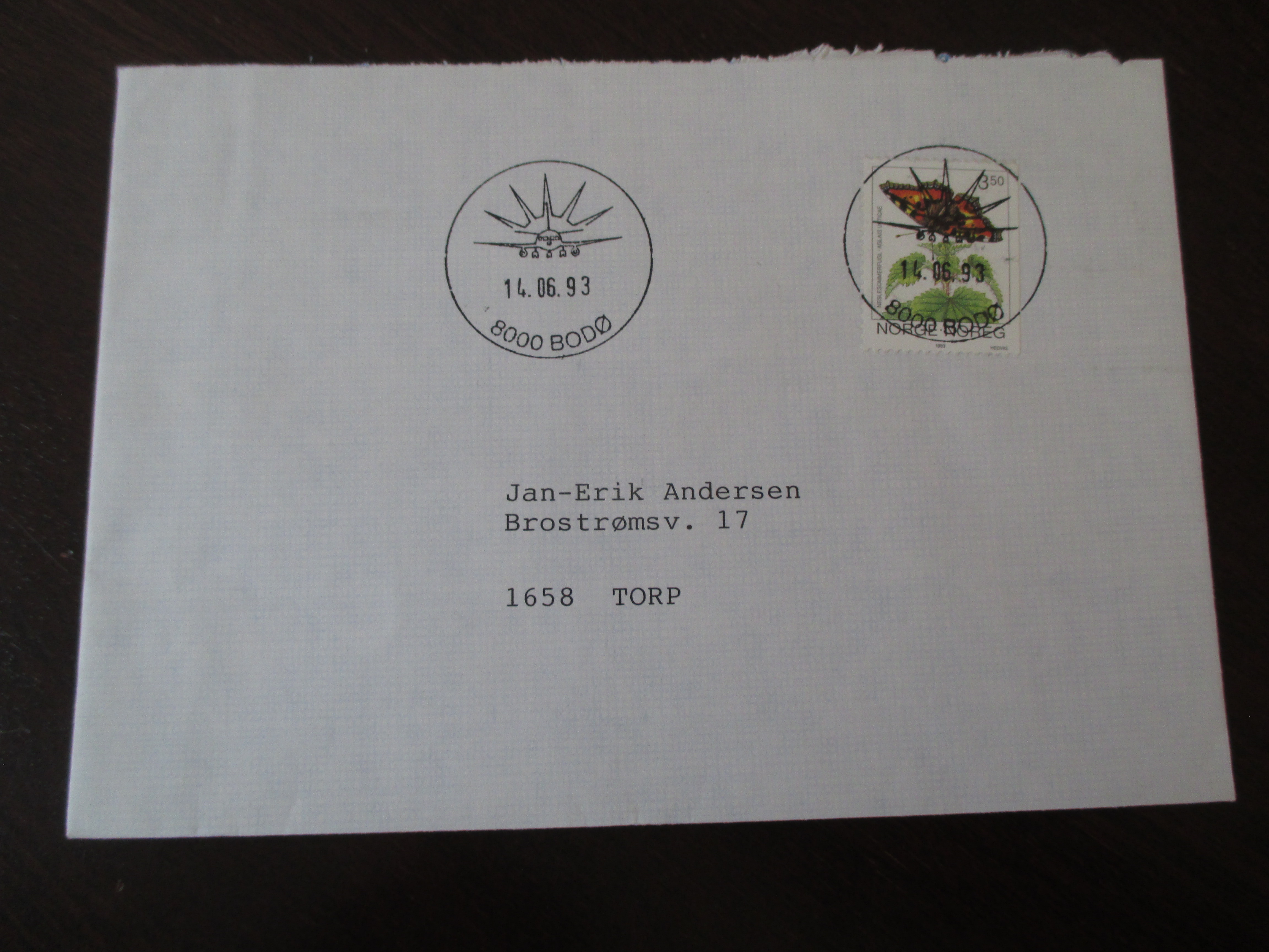 Brev st. Bodø 14.06.1993. Motivdatostempel.