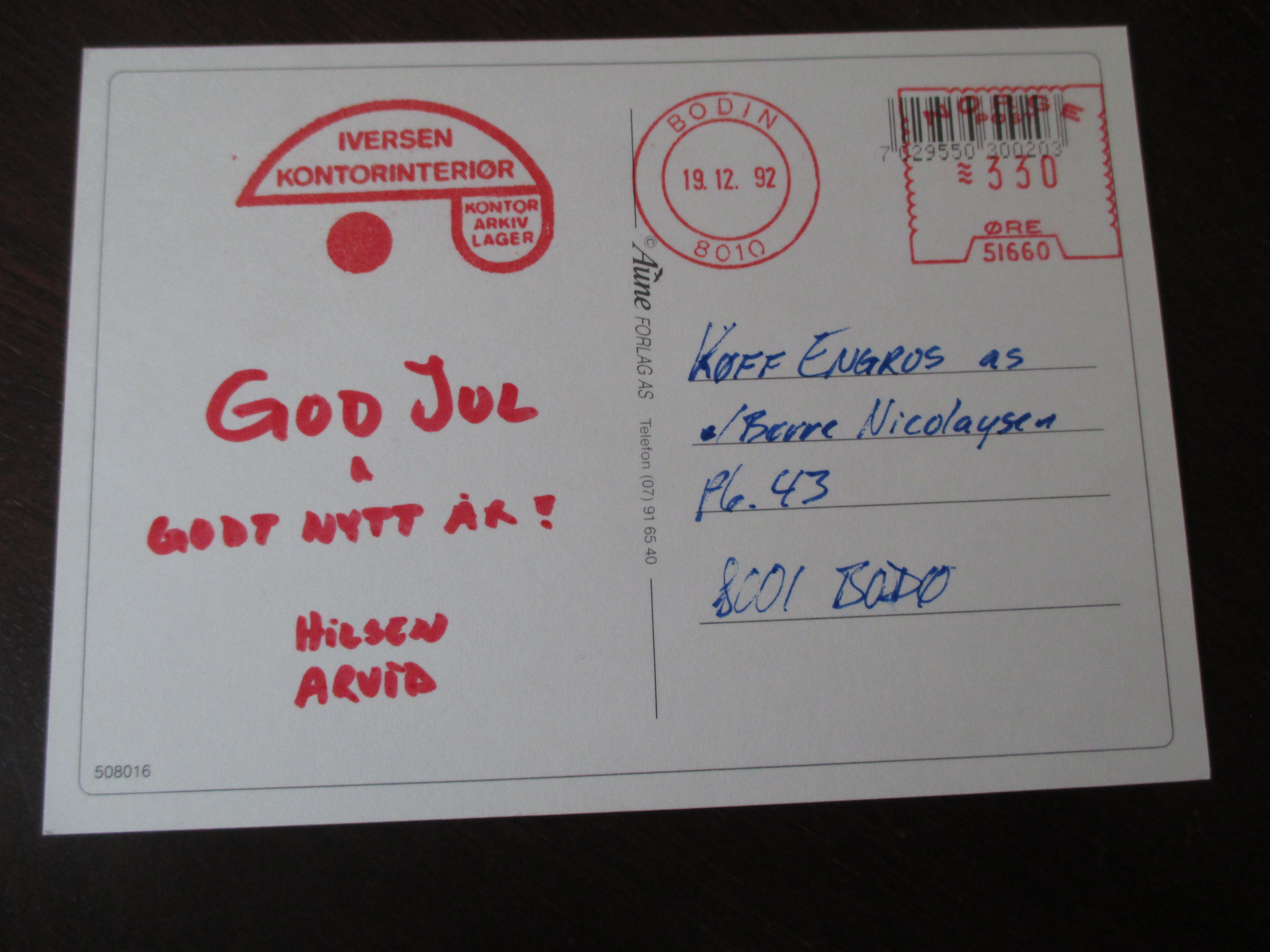 Postkort st. Bodin 19.12.1992. Frankeringsmaskinstempel.