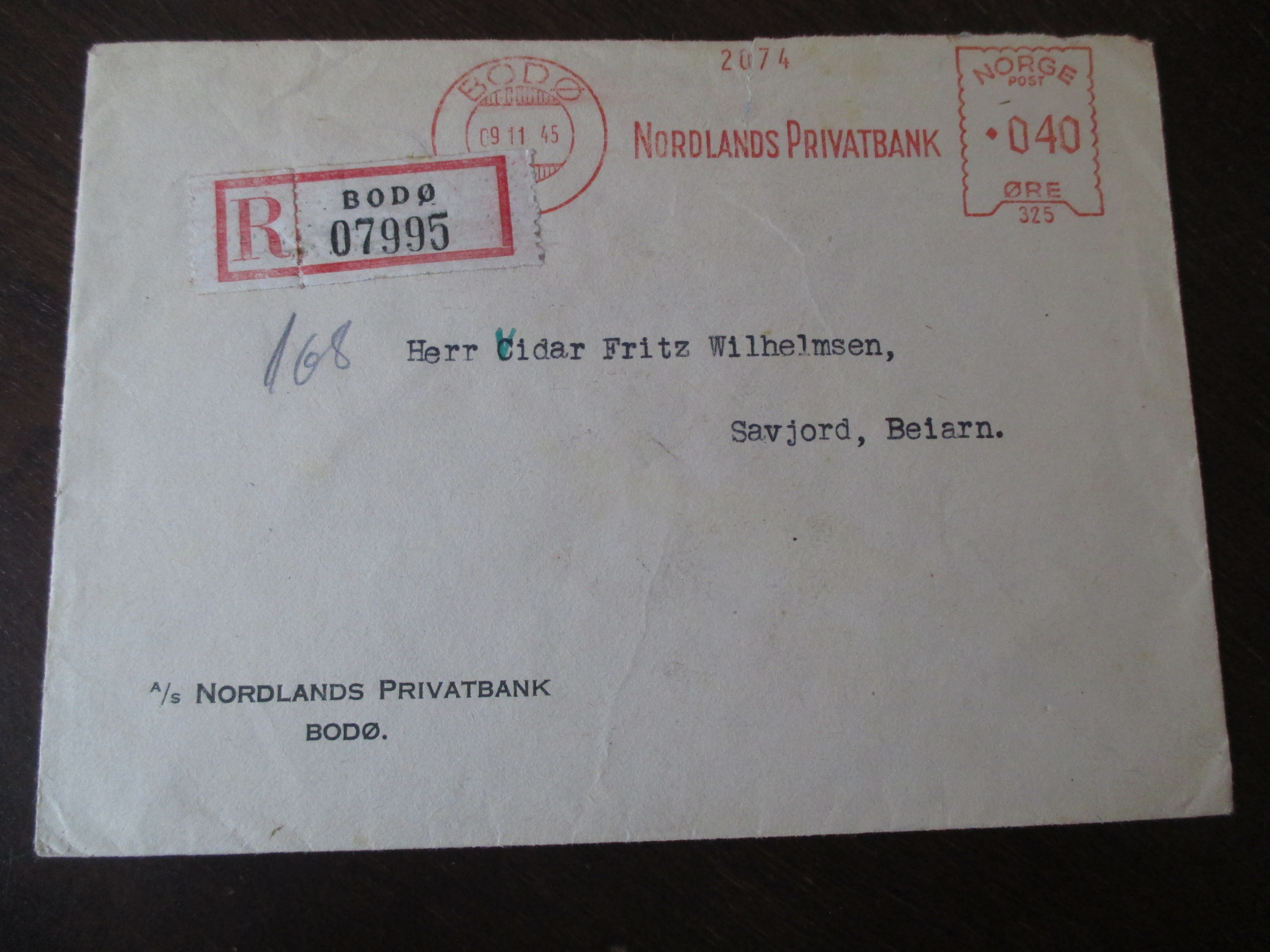 REK-brev st. Bodø 09.11.1945. Frankeringsmaskinstempel.