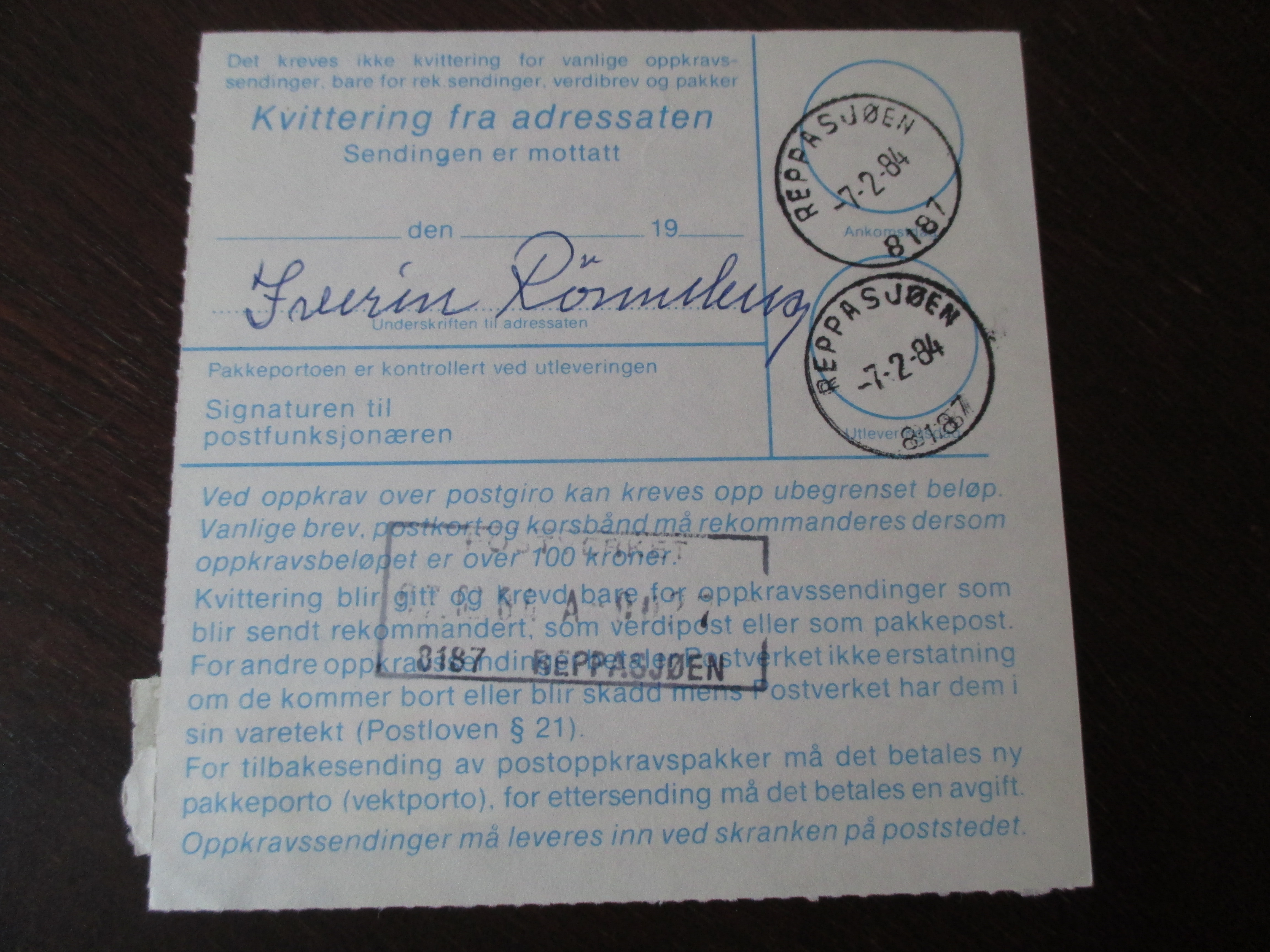 Kvittering st. Reppasjøen 07.02.1984. (I22N)