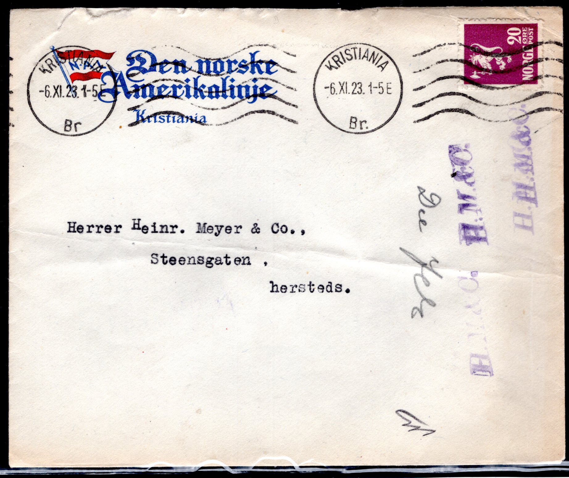 NAL brev stemplet Kristiania 1923 se scan
