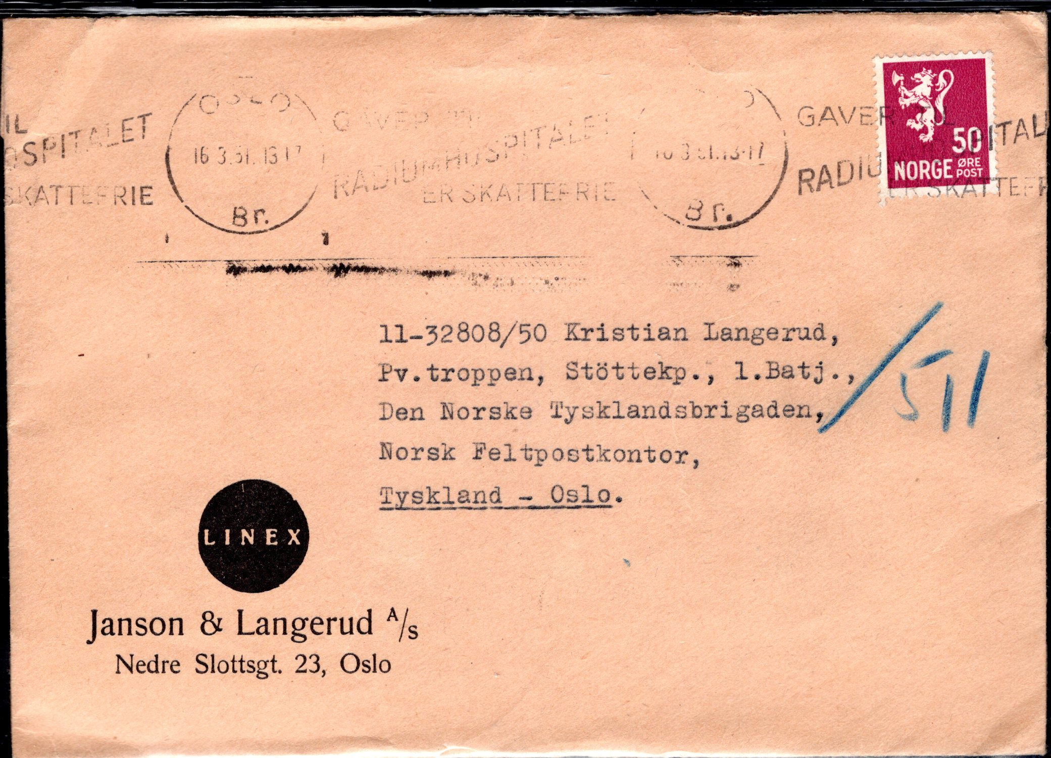brev tekststemplet Oslo 1951 se scan