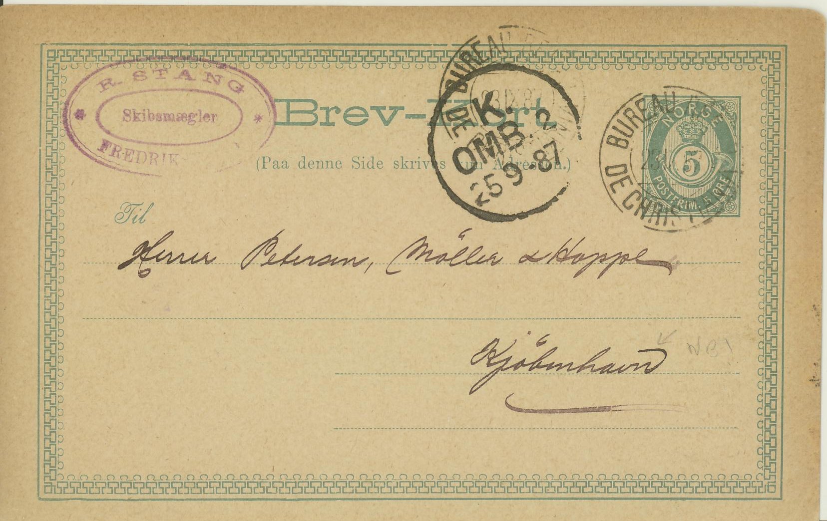 BK 30 - Ganske pent brevkort, stemplet BUREAU RÉEVP. / DE CHRISTIANIA /23 IX 87. Grad