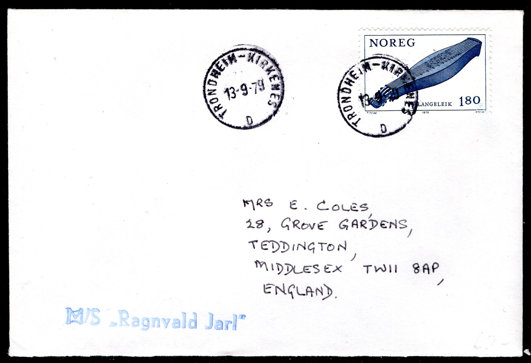 Ragnvald Jarl brev stempl Trondheim-Kirkenes G 1979 se scan