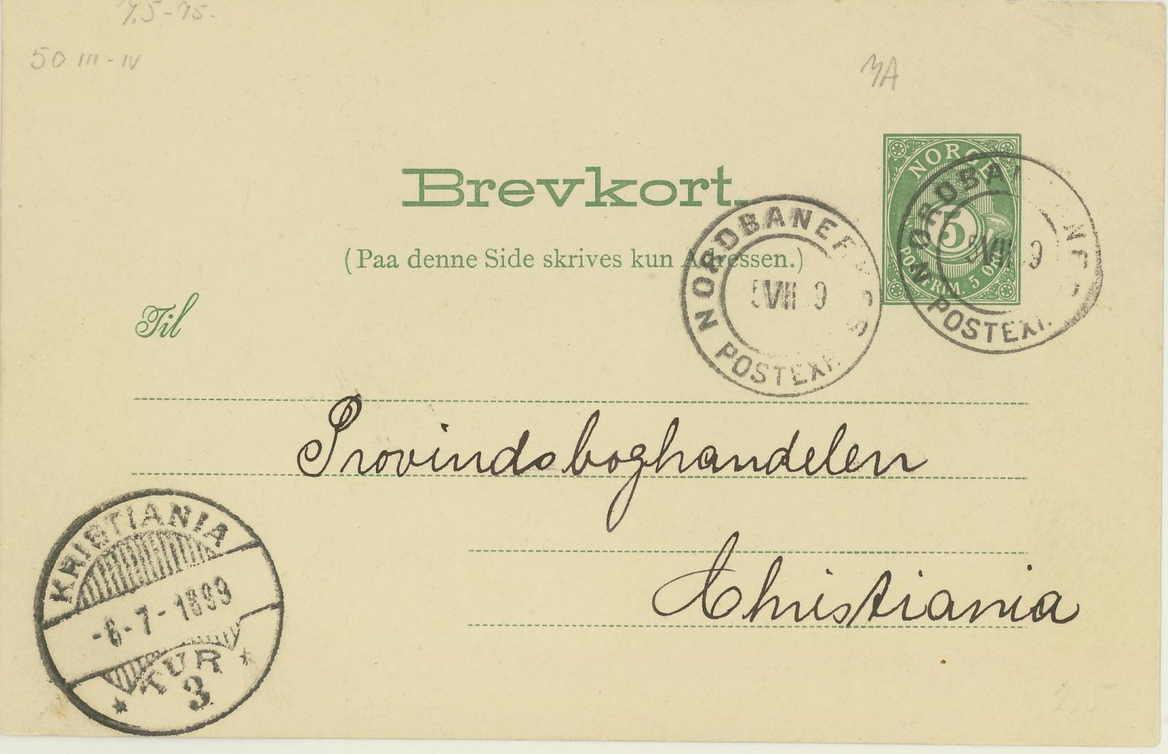 BK 50 - Pent brevkort, stemplet  NORDBANERNES / POSTEXP. / 5 VII (9)9