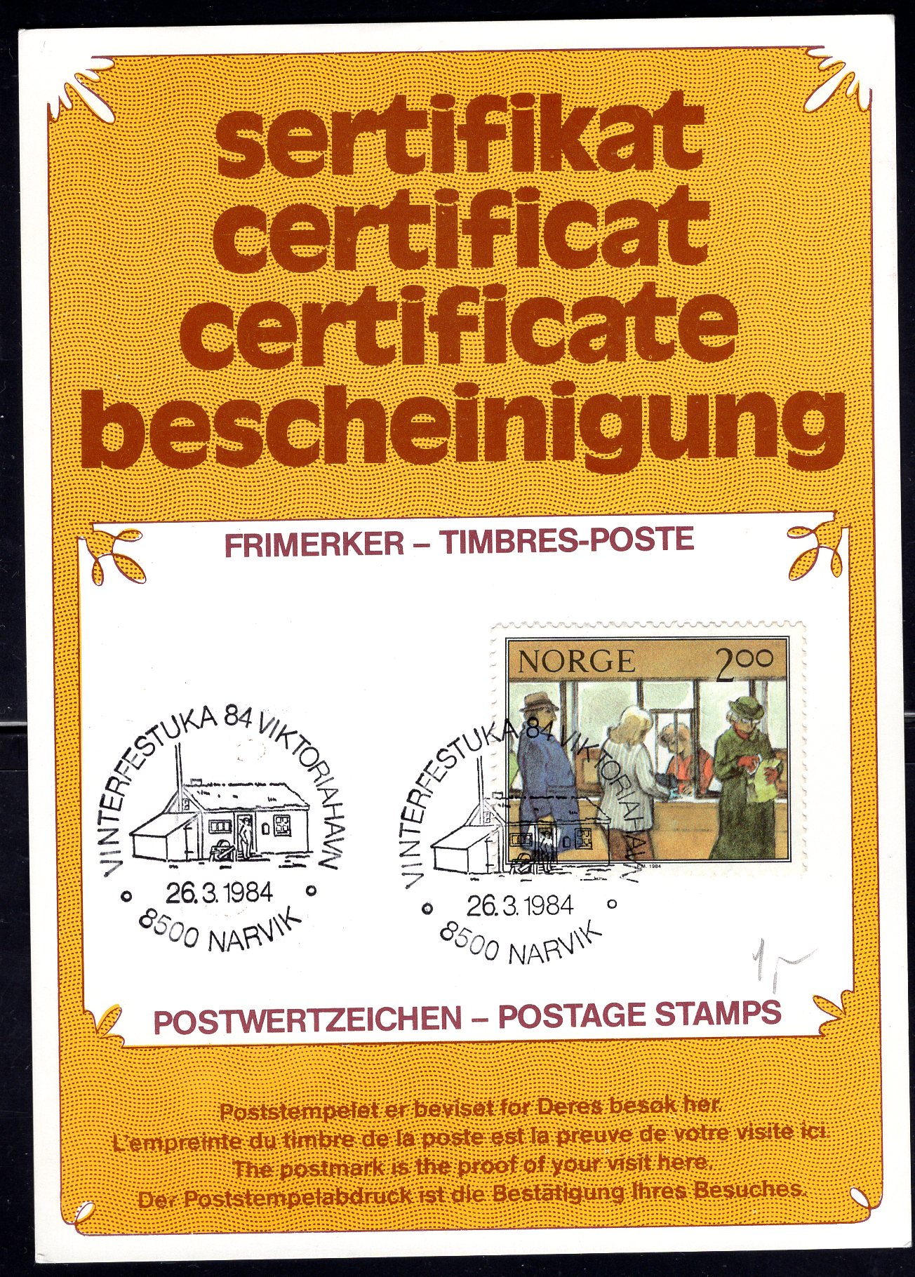 Sertifikat stemplet Narvik 1984 se scan