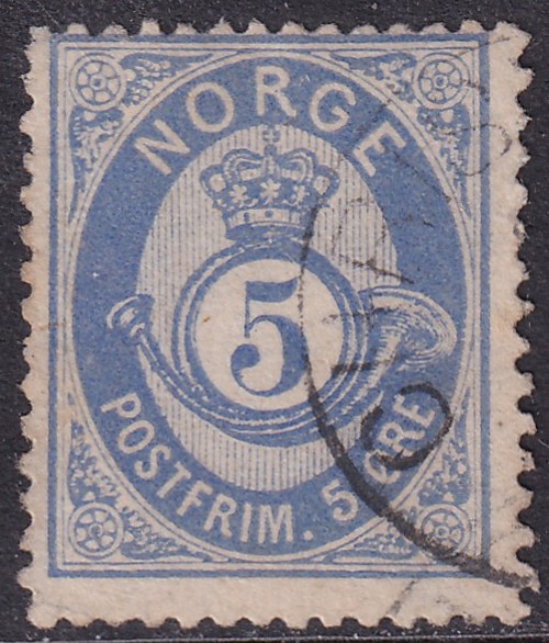 Nk 24Ia 5 øre skravert posthorn 1877/78