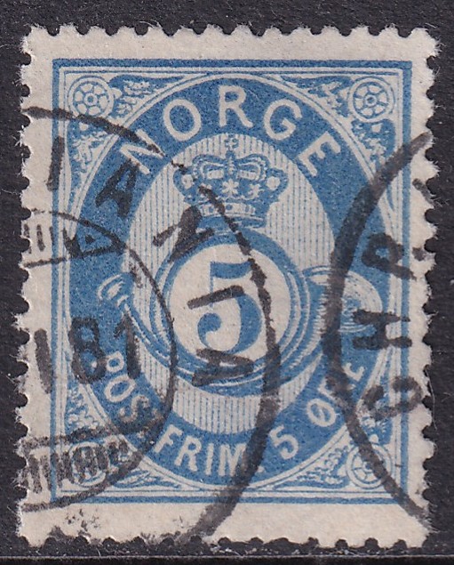 Nk 24Ib 5 øre skravert posthorn 1877/78