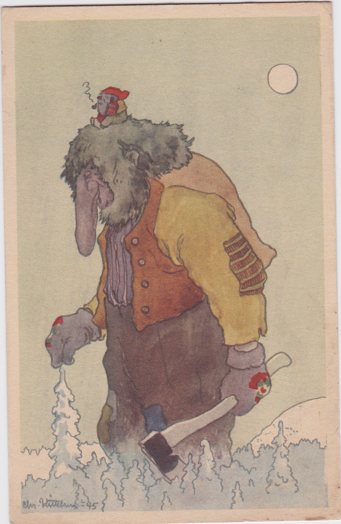 Christian Kittelsen-Troll med øks skal hugge tre og liten Nisse er med sittende på hans hode-Abel Kunstforlag-Norsk arbeide-Ubrukt