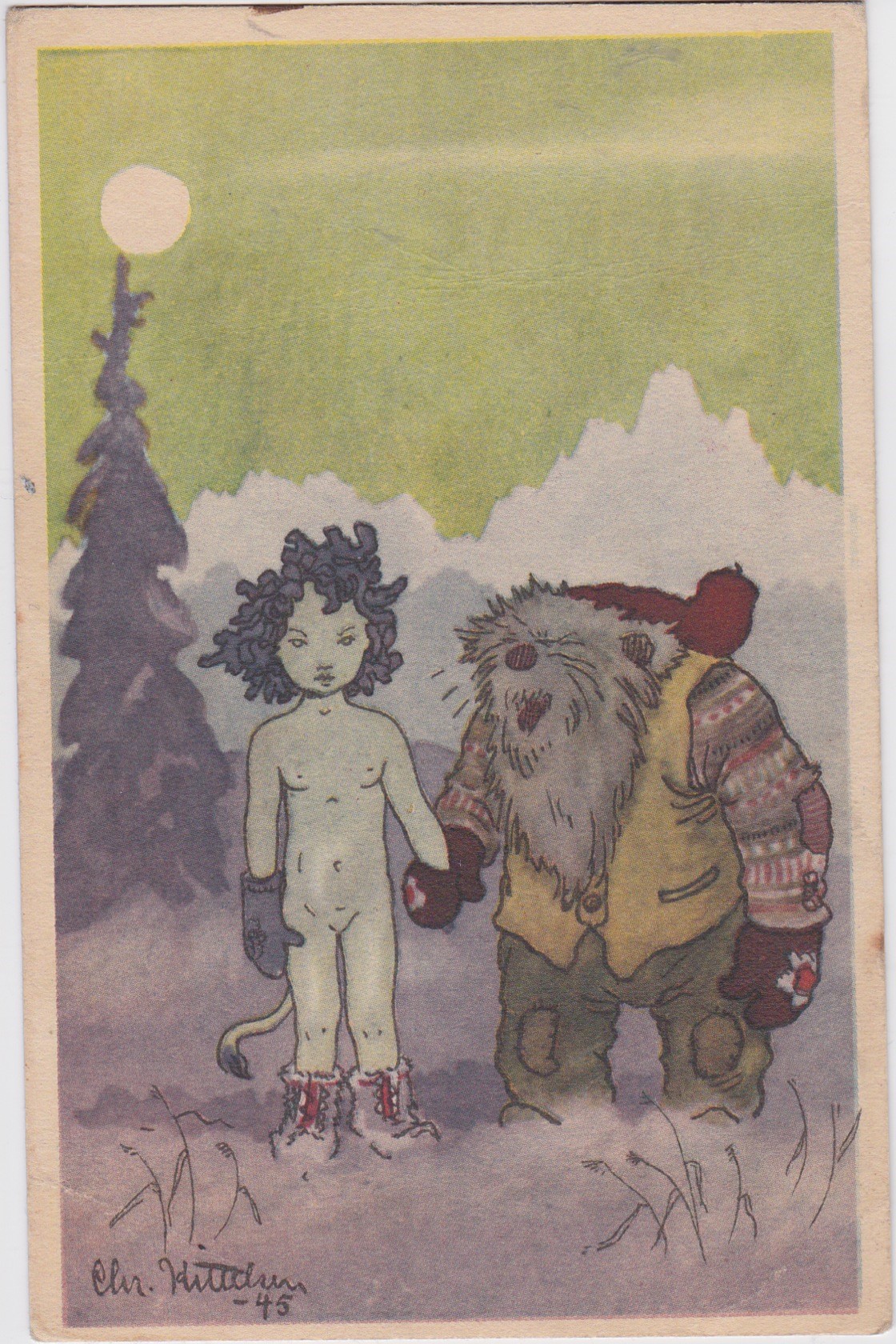 Christian Kittelsen-Nisse leier en Trollunge-Abel Kunstforlag-Norsk arbeide-Ubrukt
