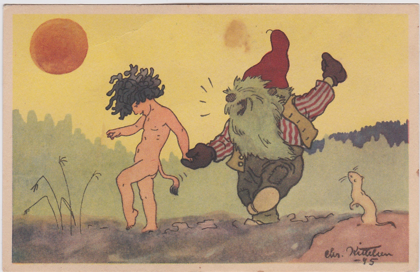 Christian Kittelsen-Nisse danser med Trollungen og røyskatten er tilskuer-Abel Kunstforlag-Ubrukt