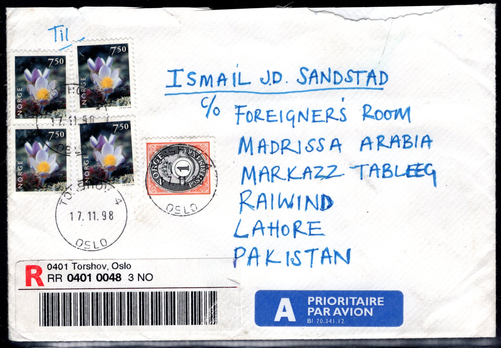 Rekbrev stempl Torshov 4 Oslo 1998 til Pakistan se scan