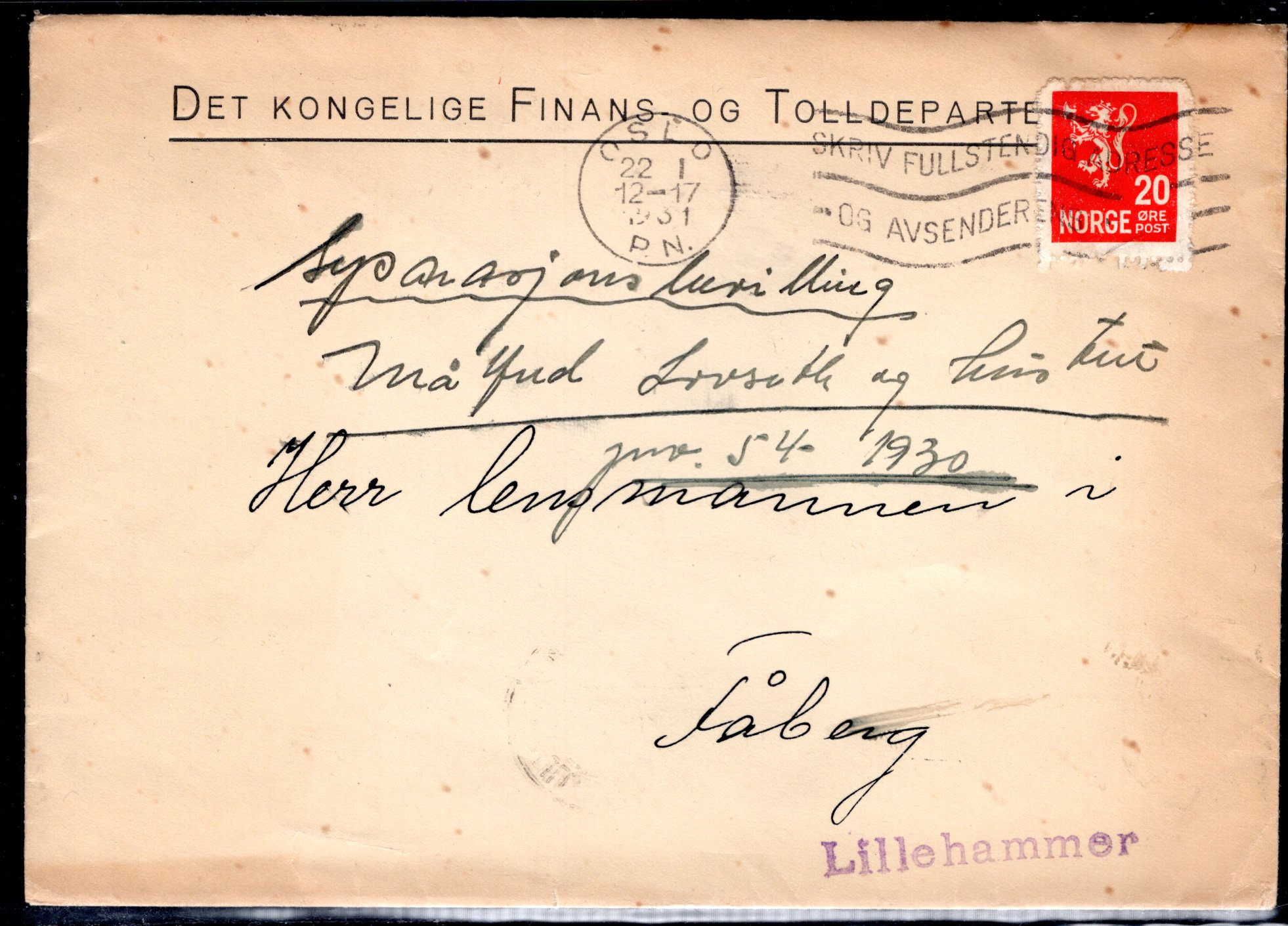 brev tekststemplet Oslo PN 1931 ankst Fåberg se scan