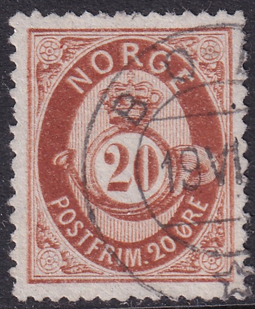 Nk 27. 20 øre skravert posthorn 1877/78