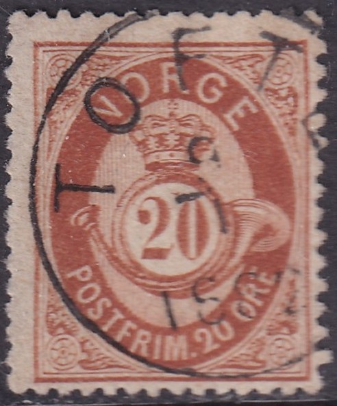 Nk 27. 20 øre skravert posthorn 1877/78 Tofte (grad 7)