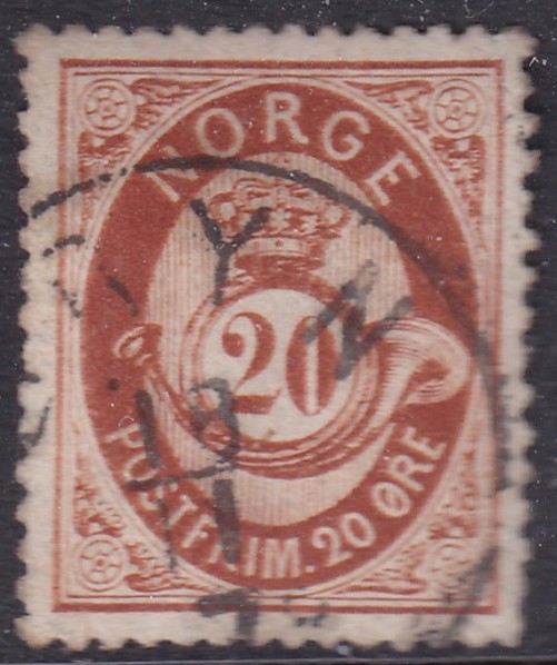 Nk 27. 20 øre skravert posthorn 1877/78 Bryn