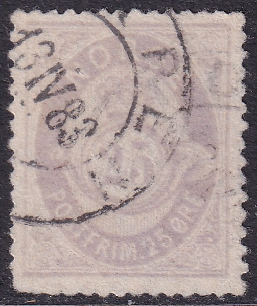 Nk 28. 25 øre matt fiolett skravert posthorn 1877/78