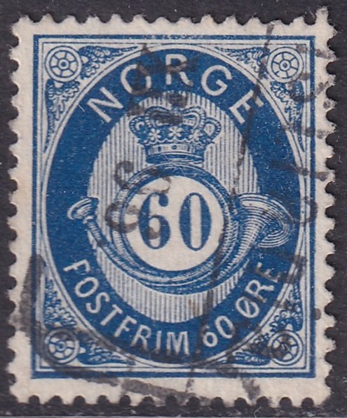 Nk 31. 60 øre stålblå skravert posthorn 1877/78