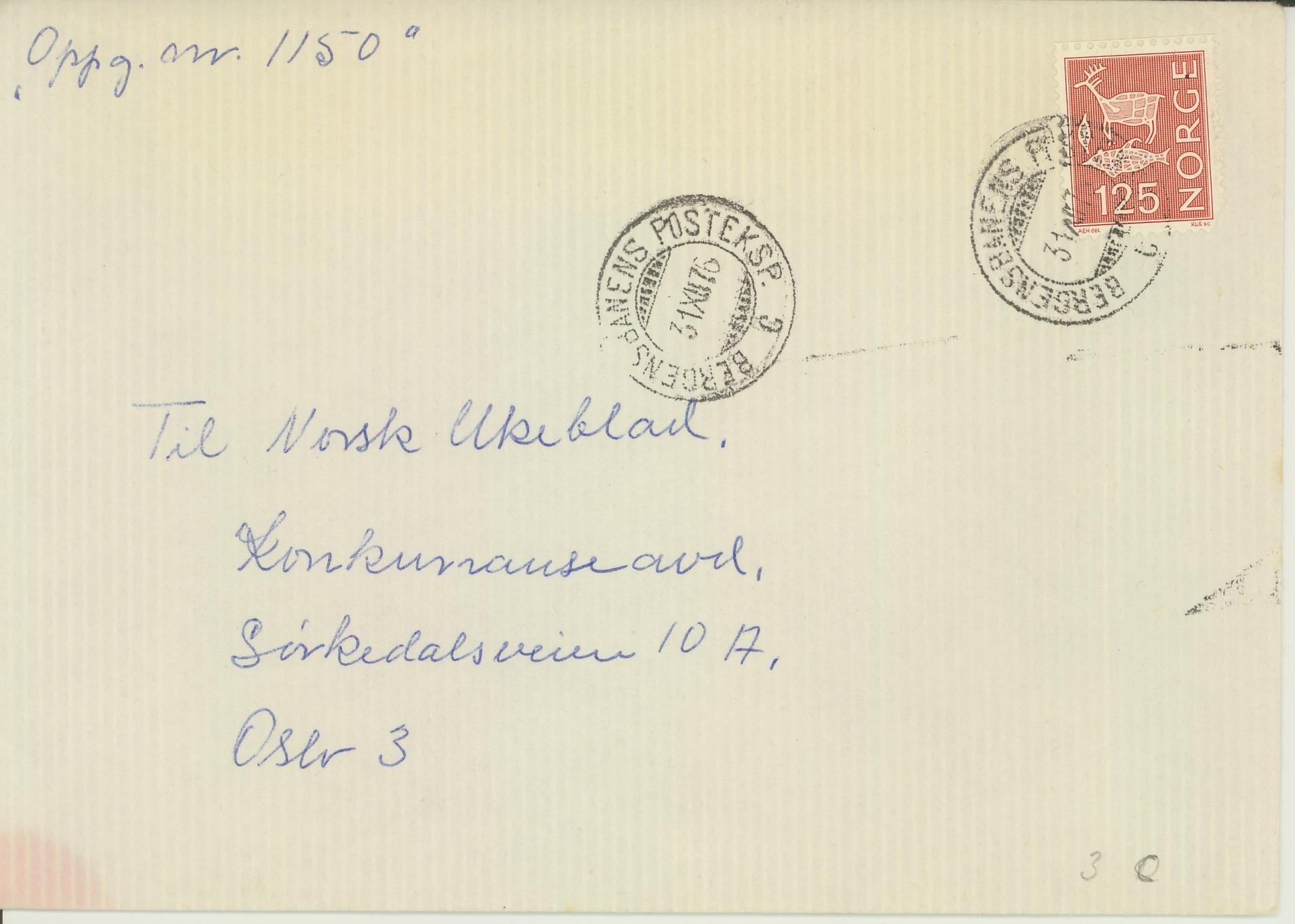 Brev stemplet BERGENSBANENS POSTEKSP. / C / 31 XII 76.