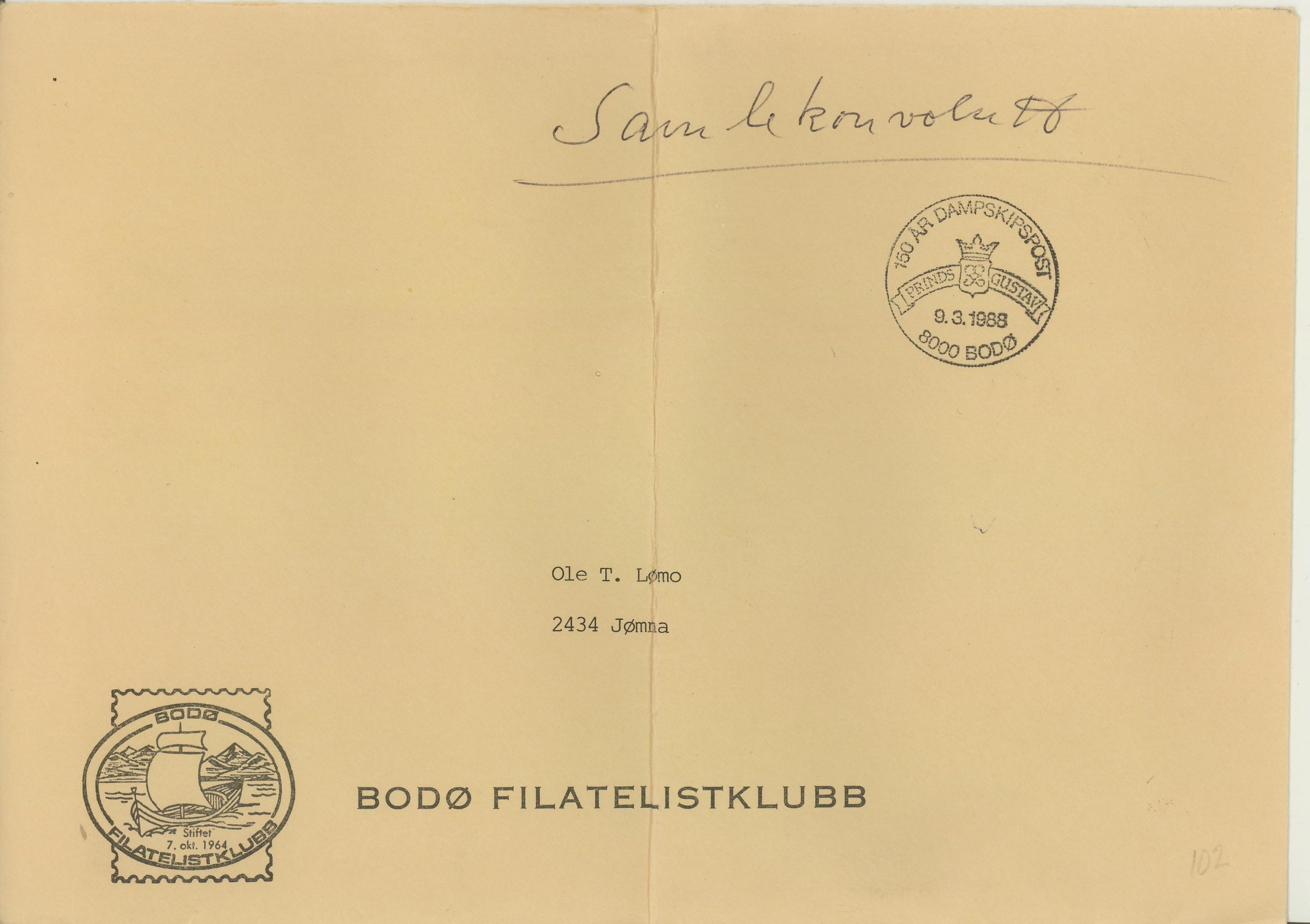 C5 konvolutt med særstemplet 150 ÅR DAMPSKIPSPOST / 8000 BODØ / 9.3.1988