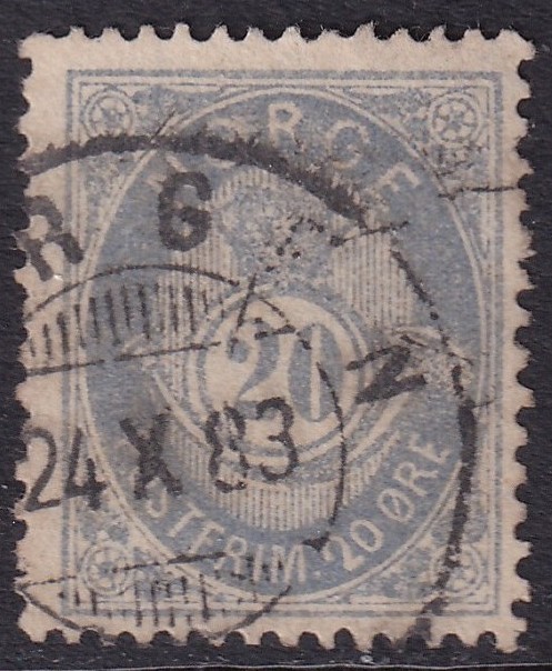 Nk 40Iax. 20 øre blå posthorn 1882/83