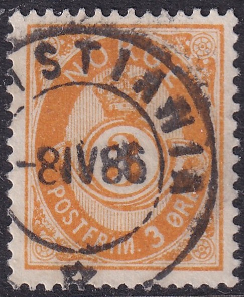 Nk 41. 3 øre oransje 21 mm posthorn 1882/85