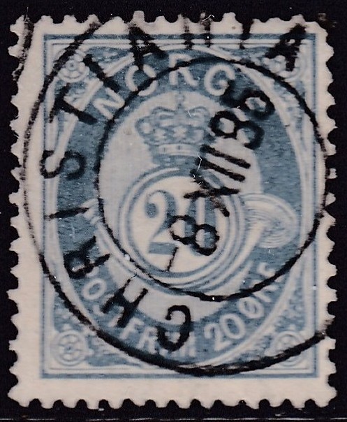 Nk 46a. 20 øre grålig blå 21mm posthorn 1882/85