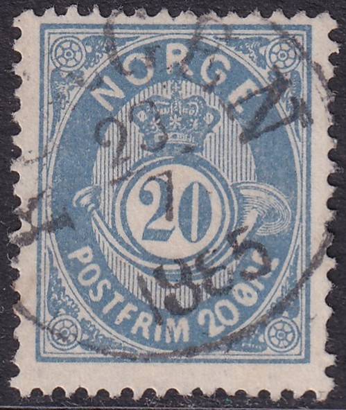 Nk 46b. 20 øre lys blå 21mm posthorn 1882/85