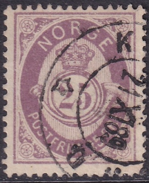Nk 47. 25 øre matt fiolett 21 mm posthorn 1882/95