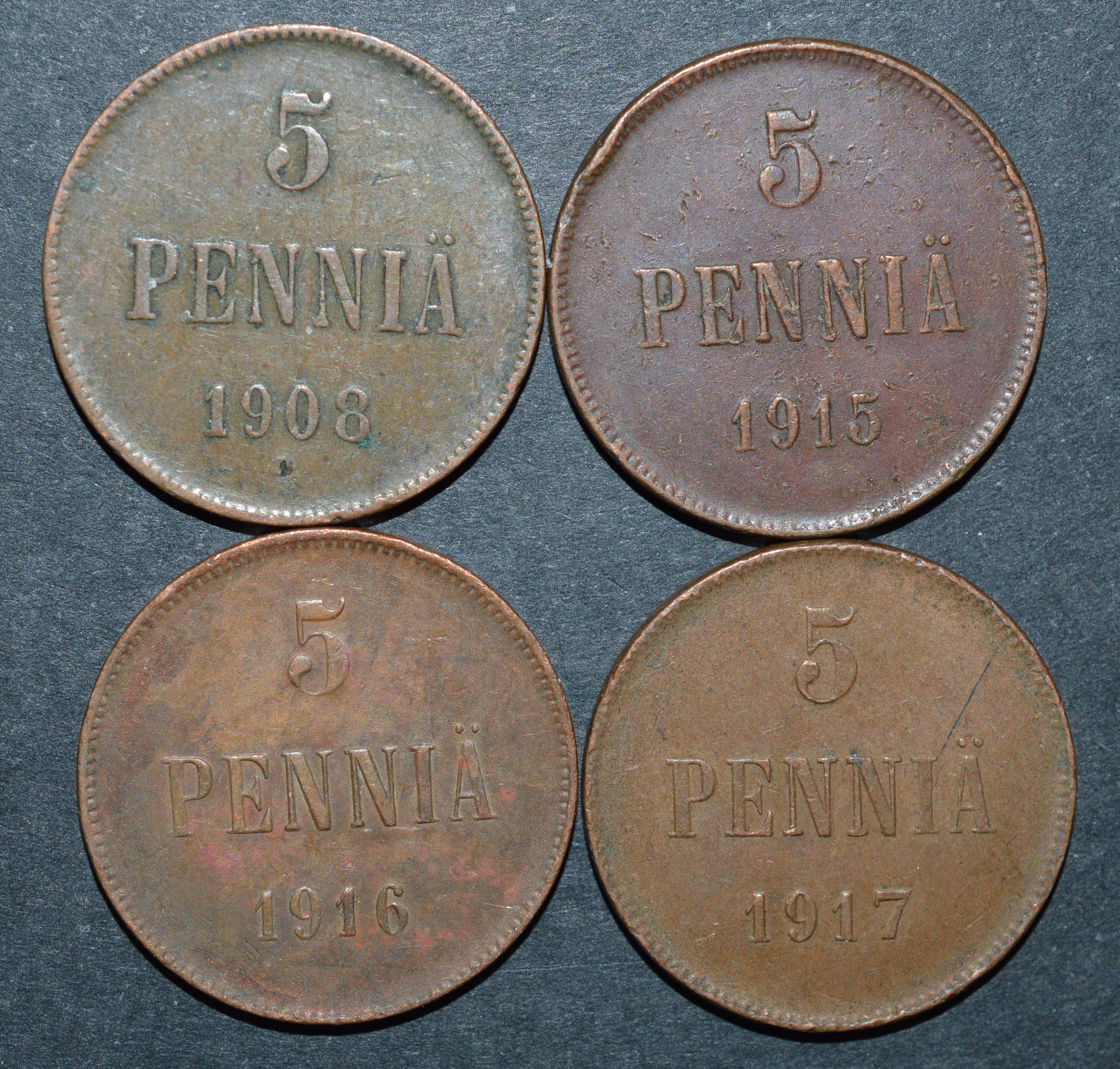 NorCollect:  Finland 4 x 5 Pennia 1908-17