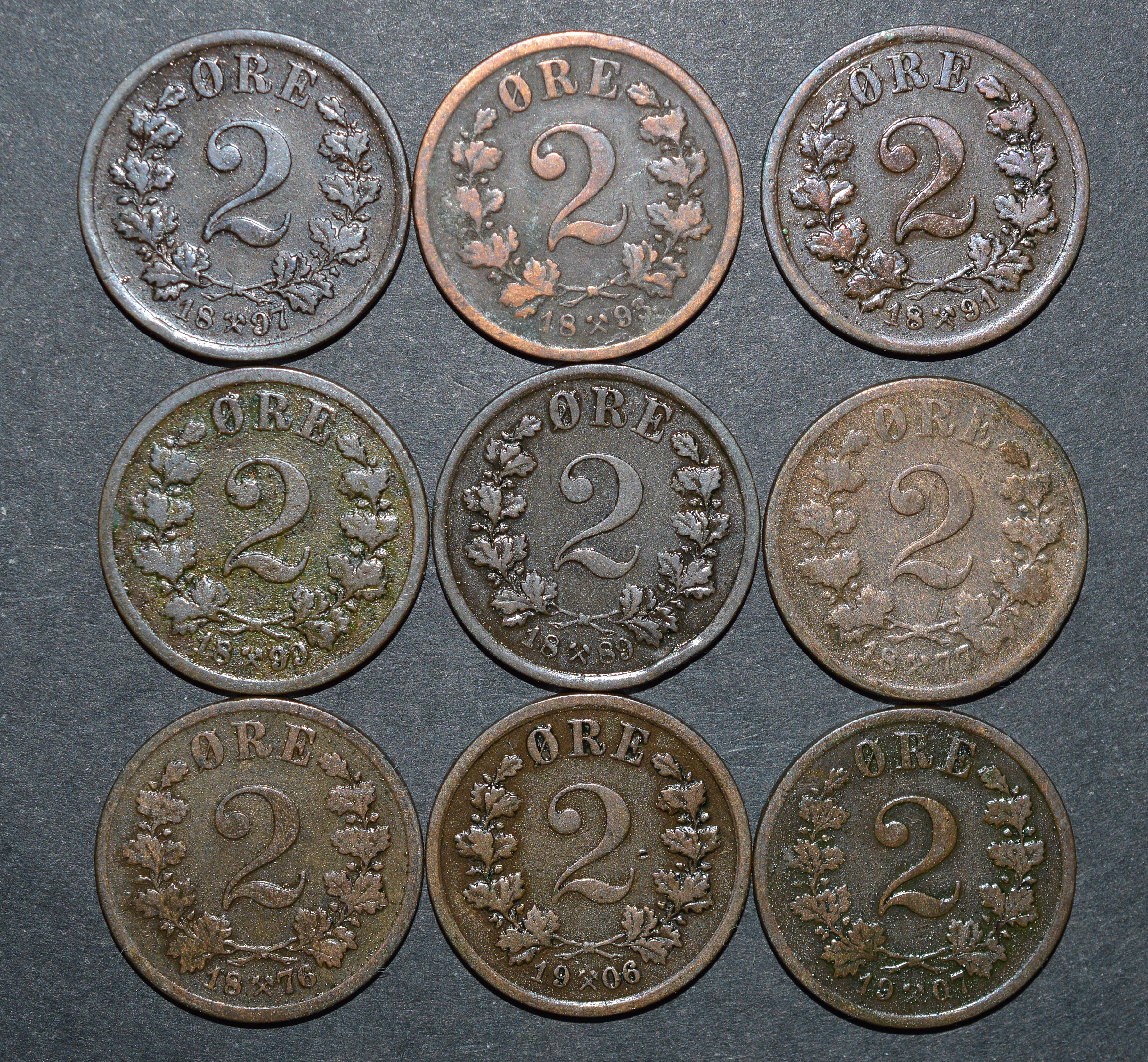 NorCollect: 9 X 2 Øre 1877-1907