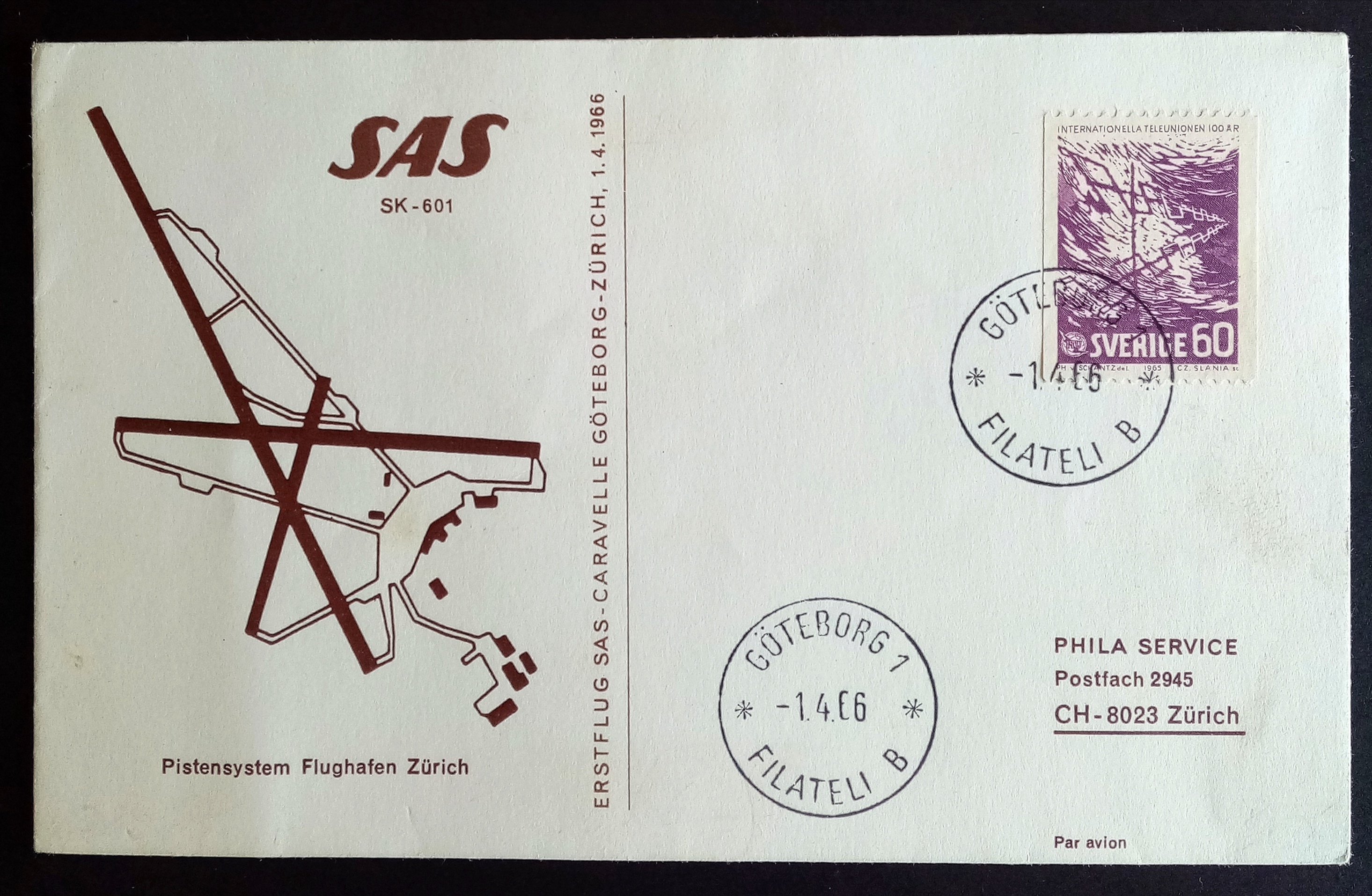 Sverige - SAS Førsteflygning - GØTEBORG - ZURICH. 1.4. 1966