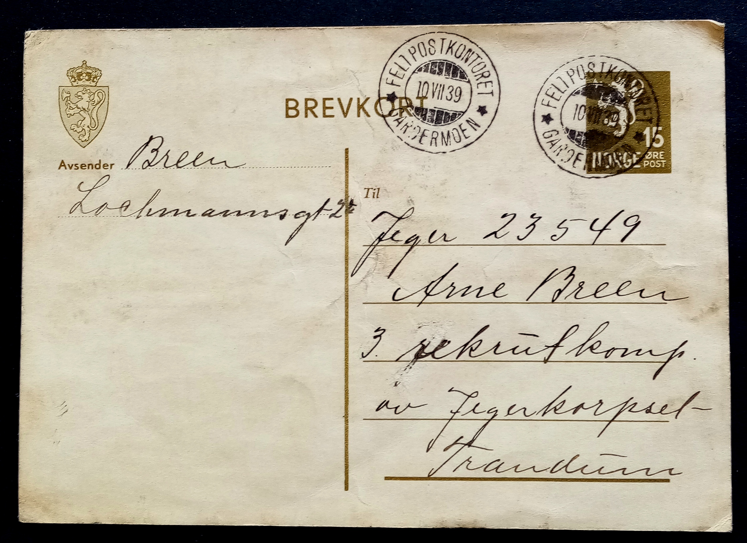 BREVKORT - FELTPOSTKONTORET.10.VII.39. - GARDERMOEN.