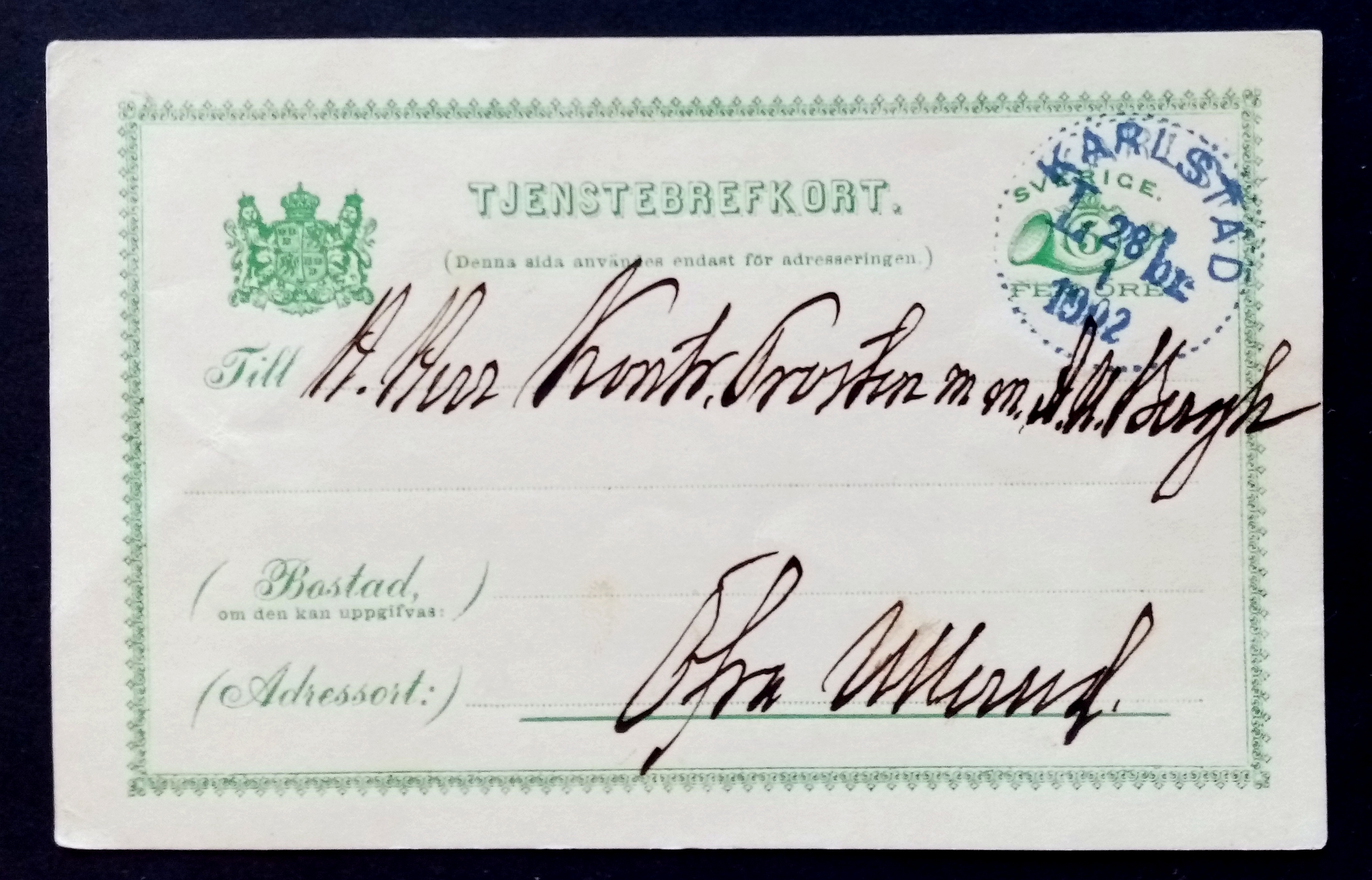 Sverige - TJENESTEBREFKORT - KARLSTAD. 28.1.1902.