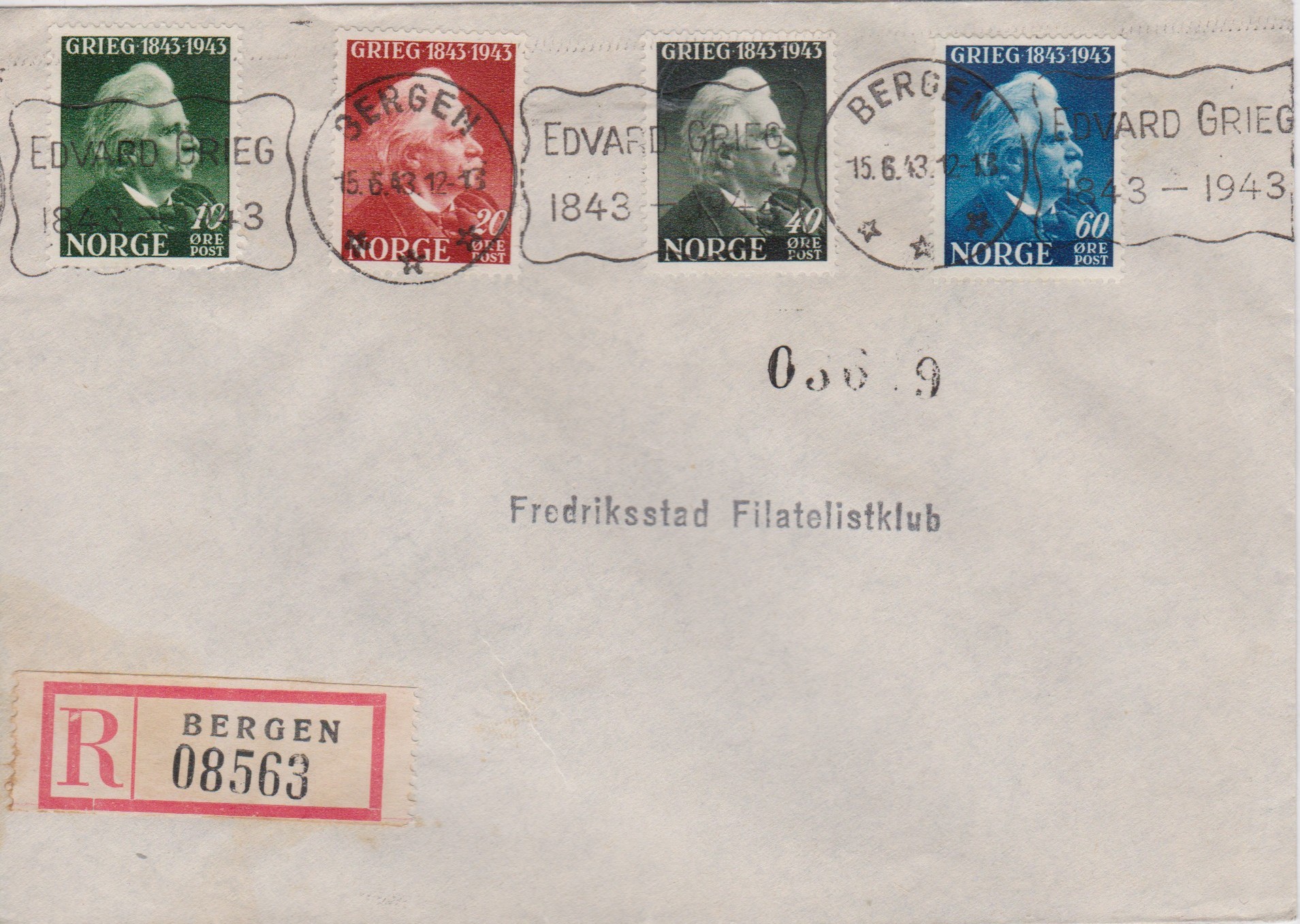 Nk 314-17 på brev, st. Bergen 15.6.43 Edvard Grieg 1843-1943, FDC.