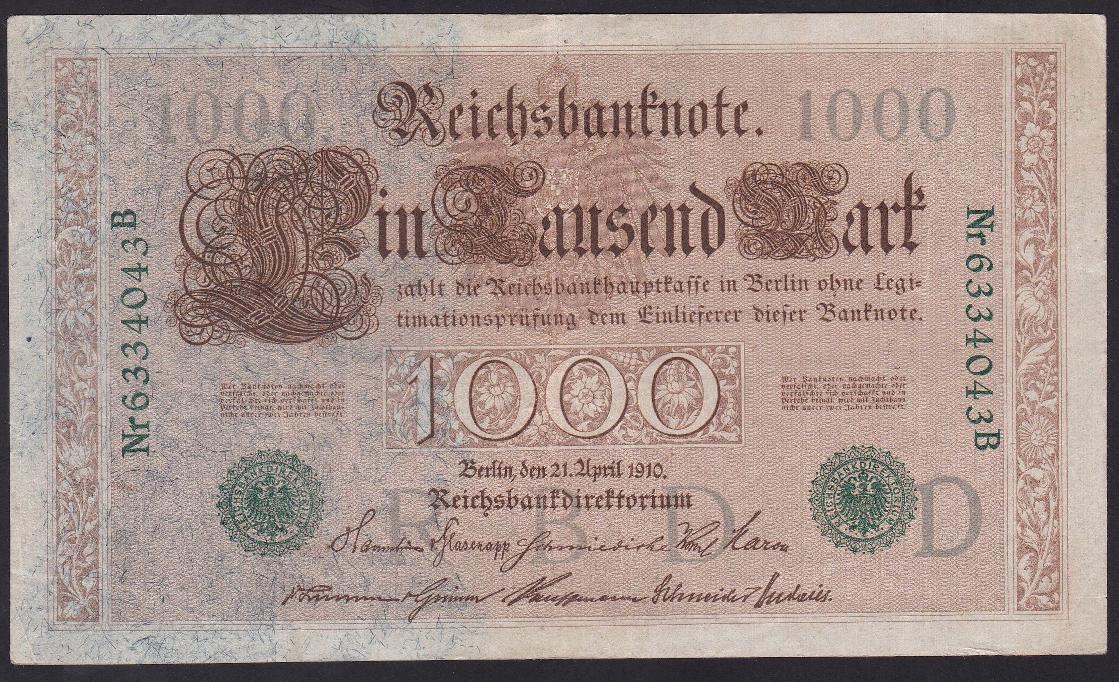 Tyskland . 1910 . 1000 Mark . Grønne segl