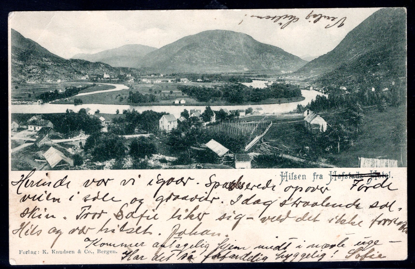 Hilsen fra Hafstads Hotel stemplet Florø 1903 se scan