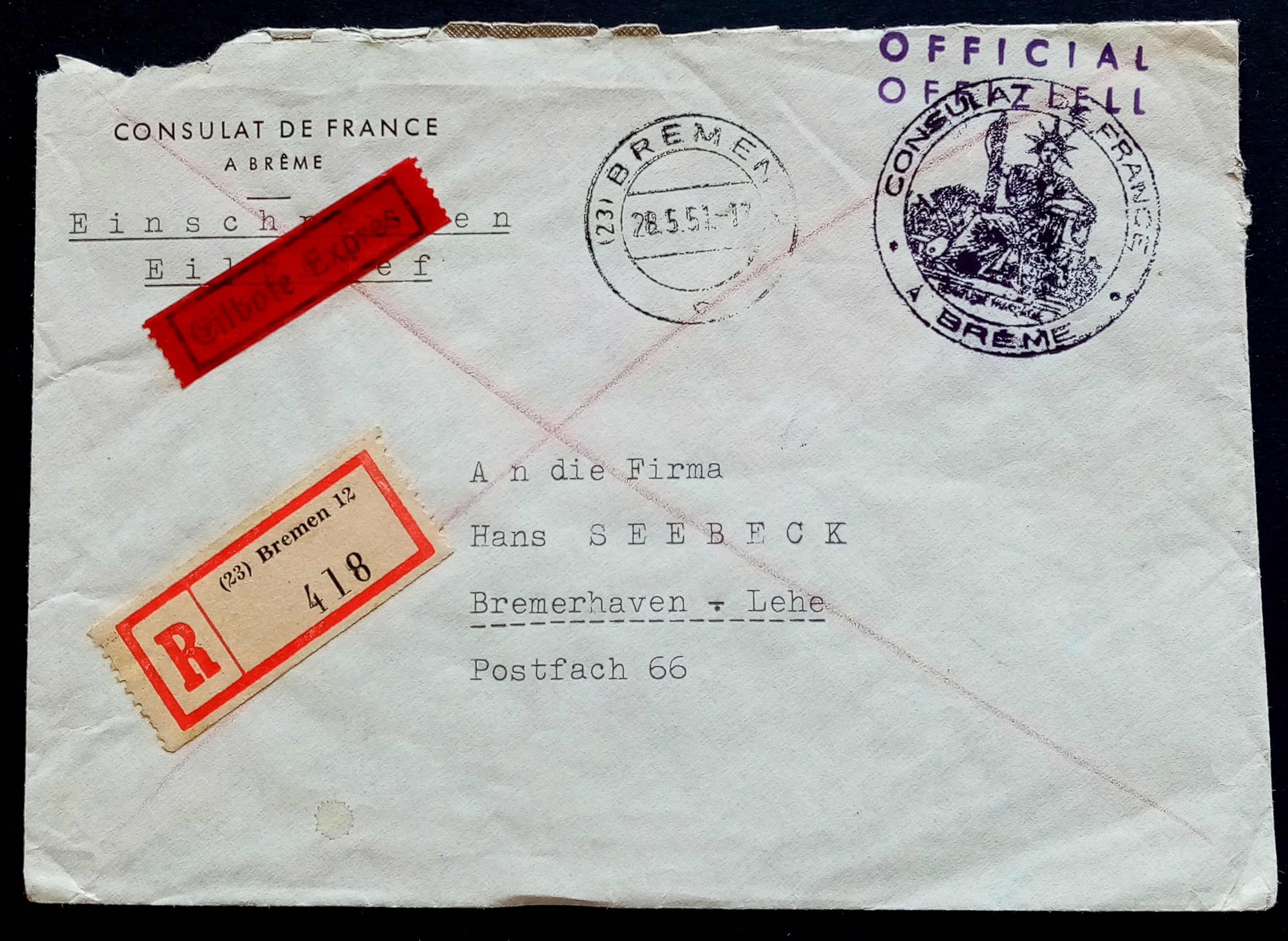CONSULAT DE FRANCE - A BREME - (BREMEN. 28.5.51.)