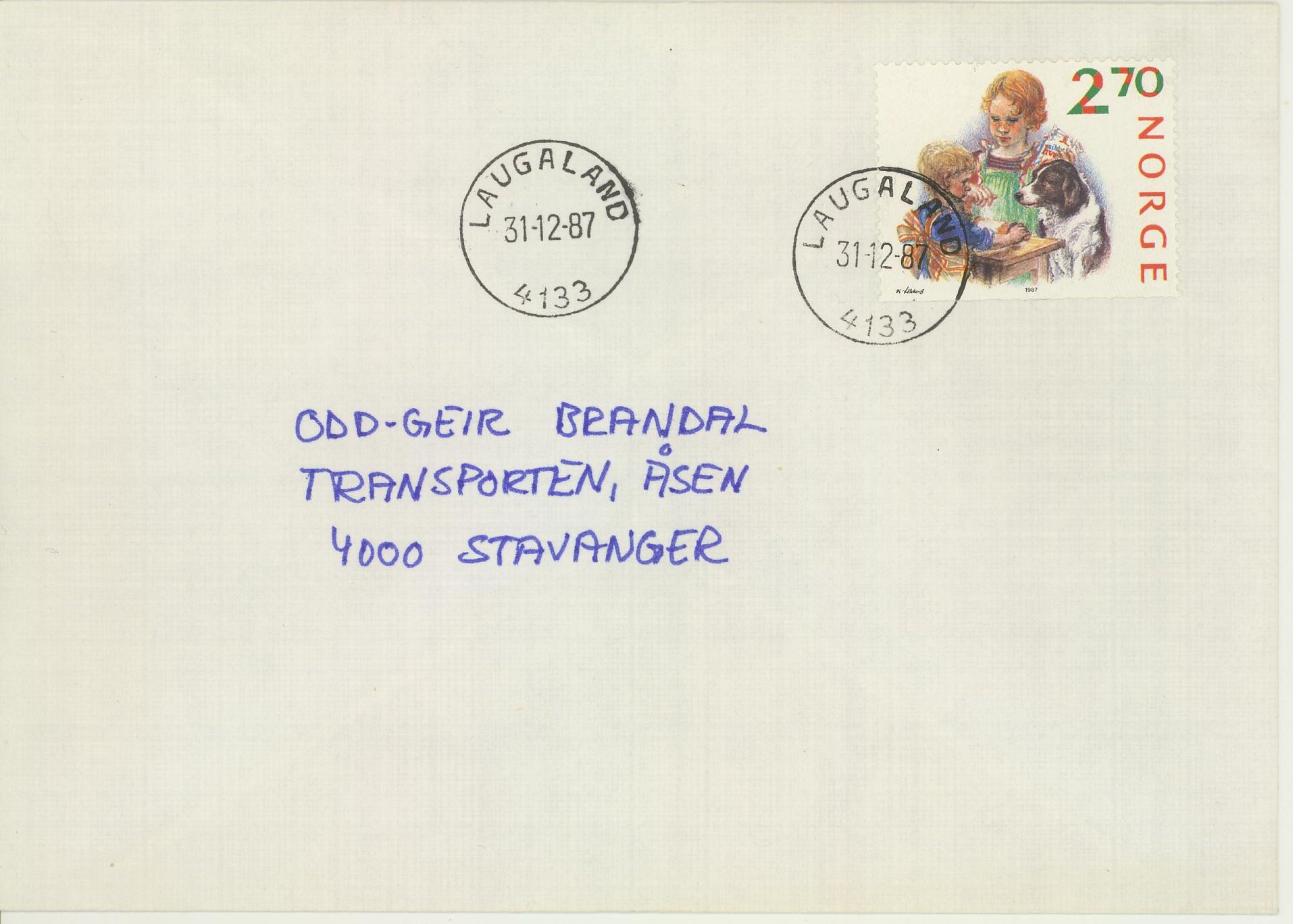 NK 1033 på pent brev stemplet LAUGALAND / 4133 / 31-12-87. Sistedagsstempel.