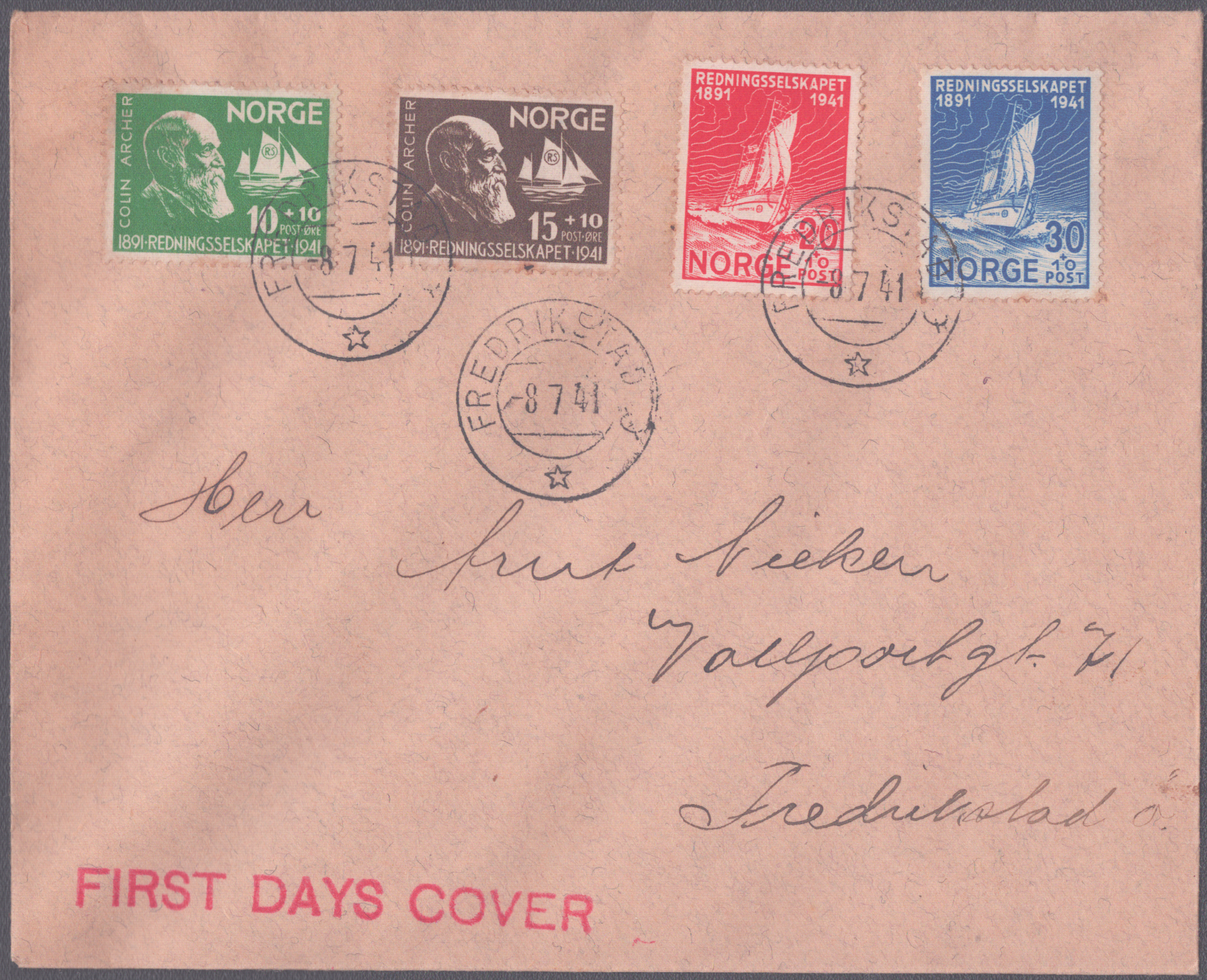 FDC 1941 NK255-NK258 stempelvignett 6 Fredrikstad